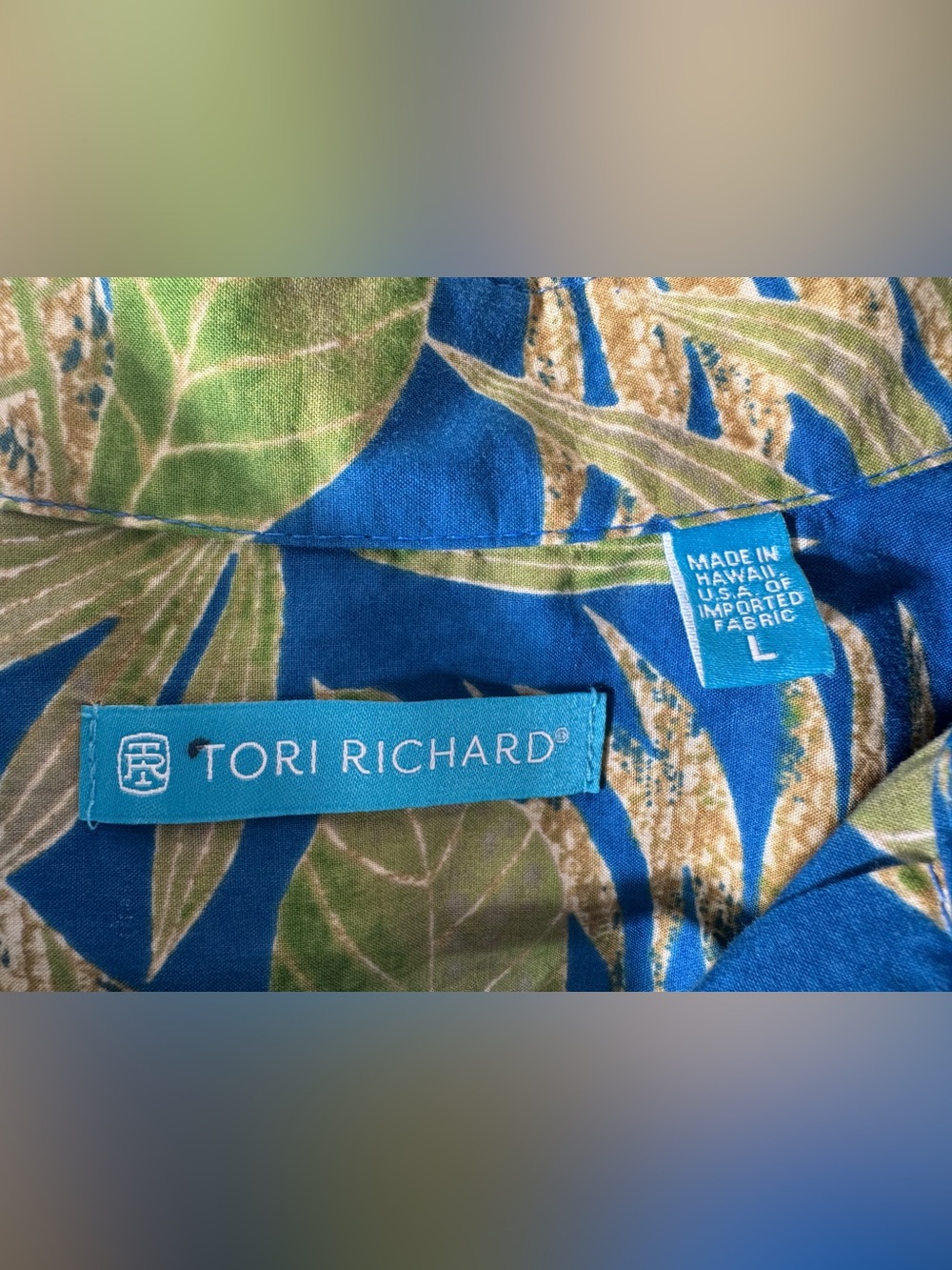 Tori Richard Hawaii Cotton Lawn Aloha Shirt Menās Large Blue Palm Print Made USA - Picture 5 of 9
